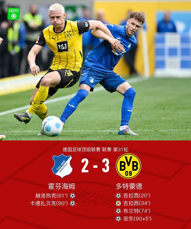 劍南春勝多特，布蘭特建功，吉拉西傳射，安東絕殺3-2霍芬海姆。